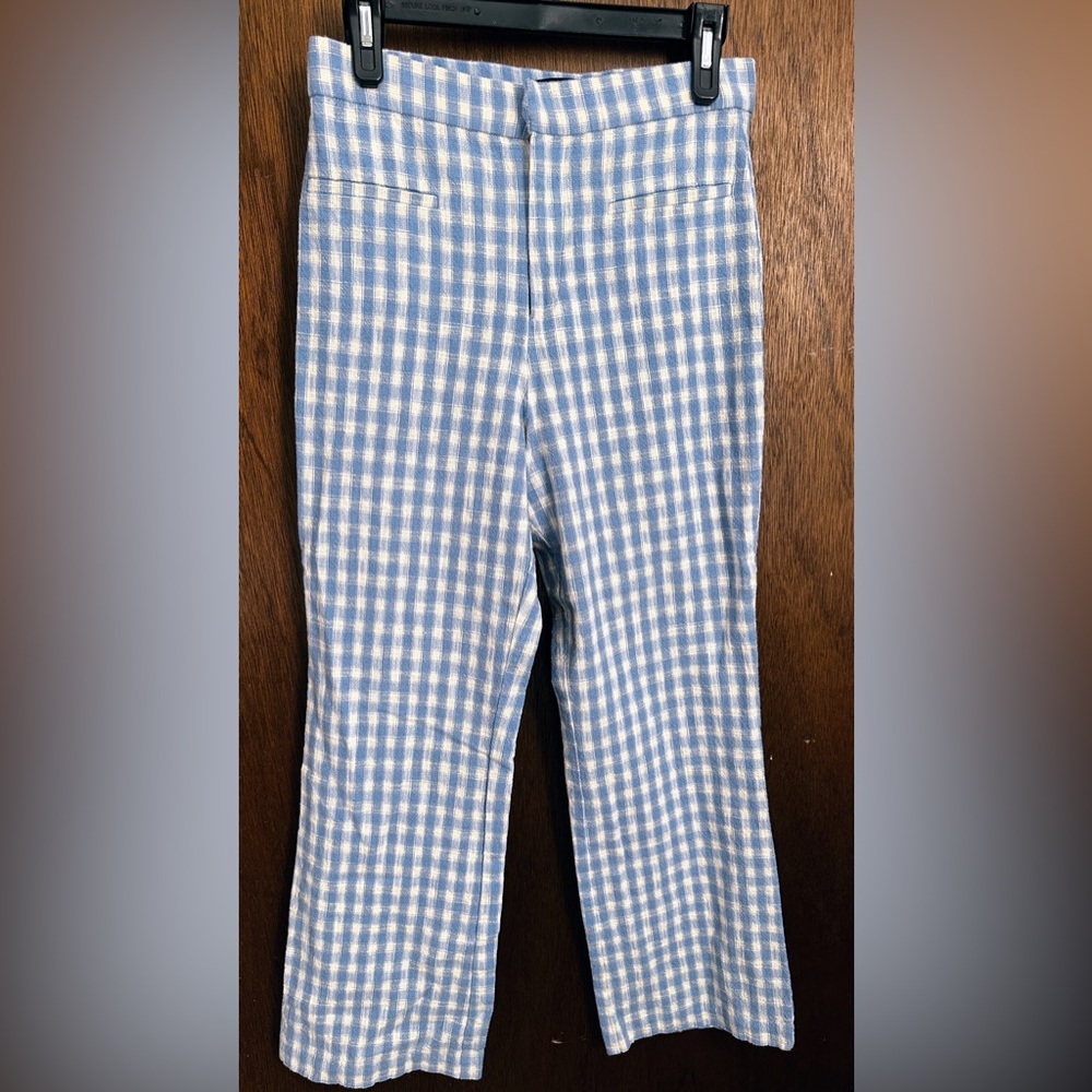 Zara Blue and White Gingham Cropped Pants